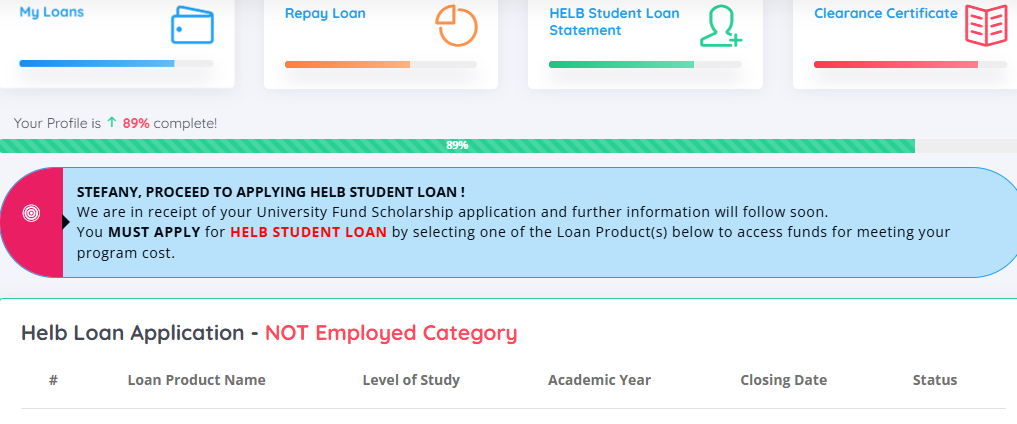 Screenshot of an online loan application form, guiding you on how to apply for HELB.