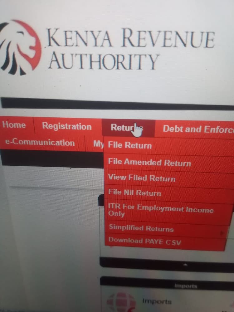 Screenshot of the KRA iTax 'Returns' menu, displaying options like 'File Returns' and 'File Nil Return', crucial steps for ensuring compliance required to obtain a Tax Compliance Certificate.