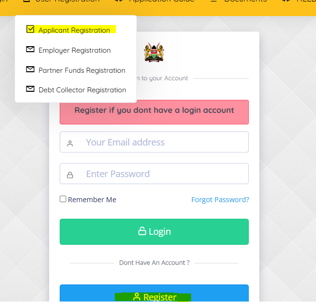 Screenshot of the HEF Portal signup window, a key step on how to apply for HELB.