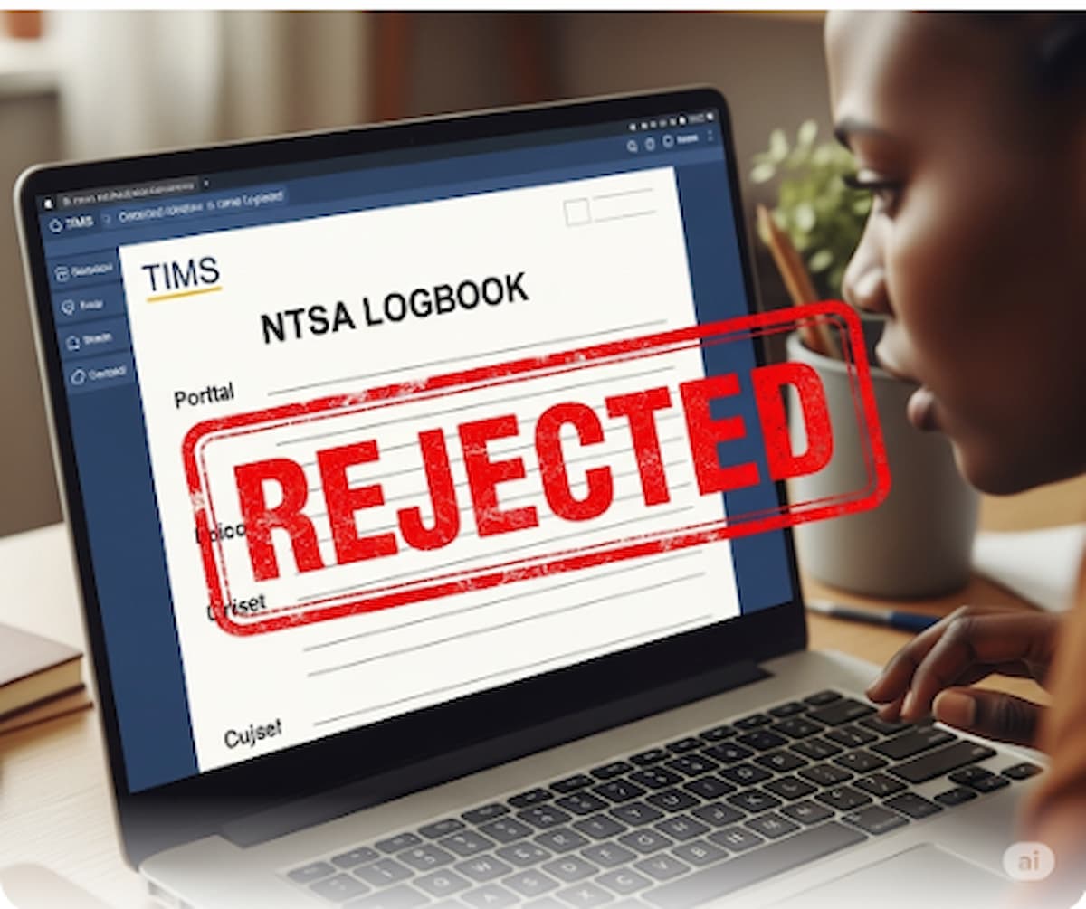 NTSA logbook transfer not approved on TIMS Kenya portal showing error screen and frustrated vehicle owner in 2025