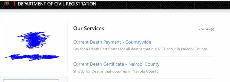 Screenshot of the eCitizen portal showing service location options — Nairobi or Countrywide — during the Death Certificate Application in Kenya process.