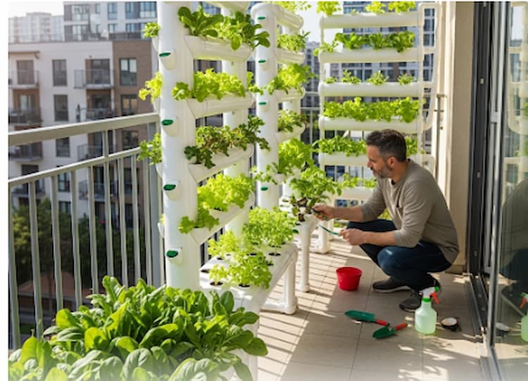 Urban balcony setup showing hydroponic farming in Kenya with leafy greens growing in vertical PVC pipes against a city backdrop.