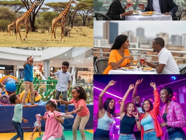 Fun places to visit in Nairobi – collage of wildlife, rooftop dining, mall fun, and nightlife with friends