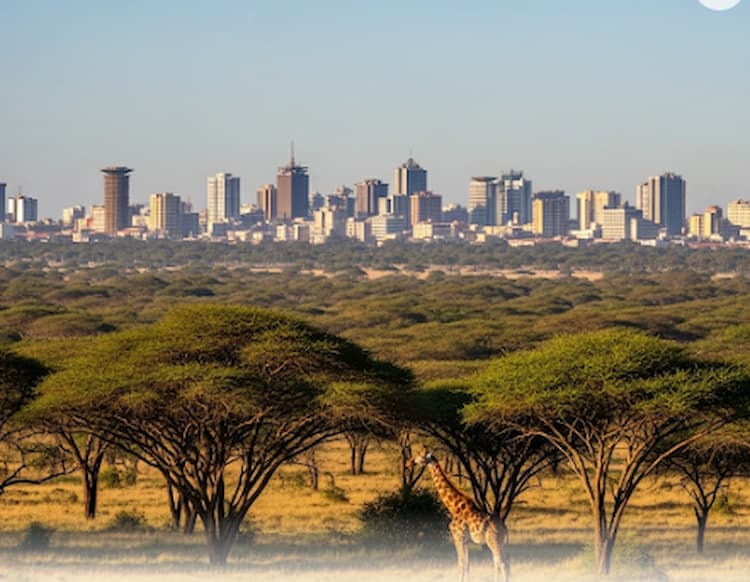 Giraffe in Nairobi National Park with skyline – one of the top fun places to visit in Nairobi