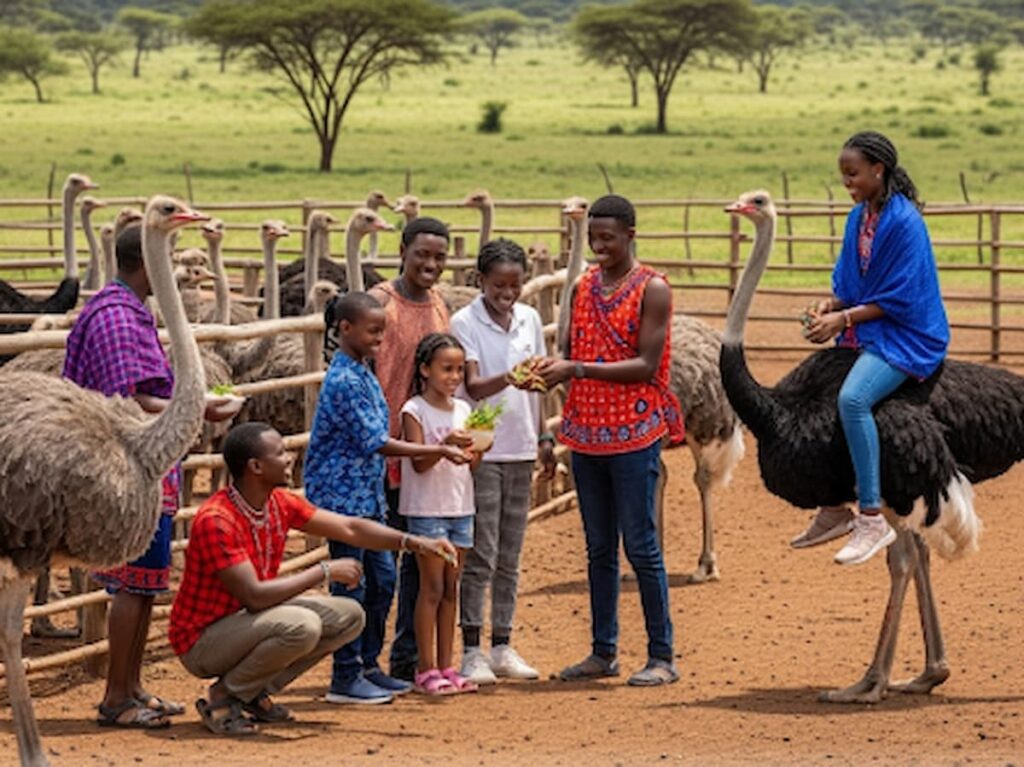 Visitors riding and feeding ostriches at Maasai Ostrich Farm – a unique weekend getaway in Nairobi
