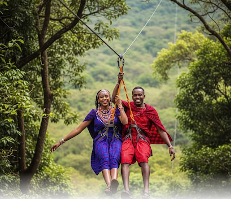 Couple ziplining at The Forest in Kimende – a top spot for thrilling weekend getaways in Nairobi