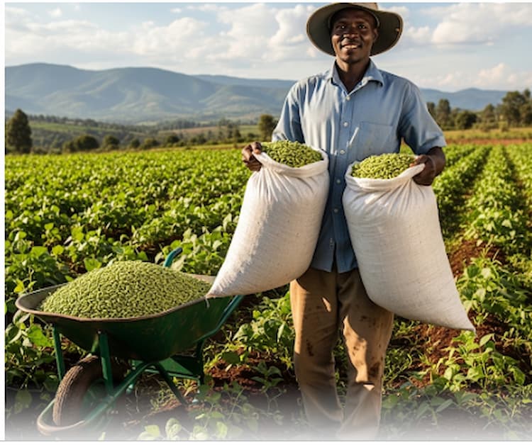 Farmer harvesting mature beans – how many bags of beans per acre in Kenya